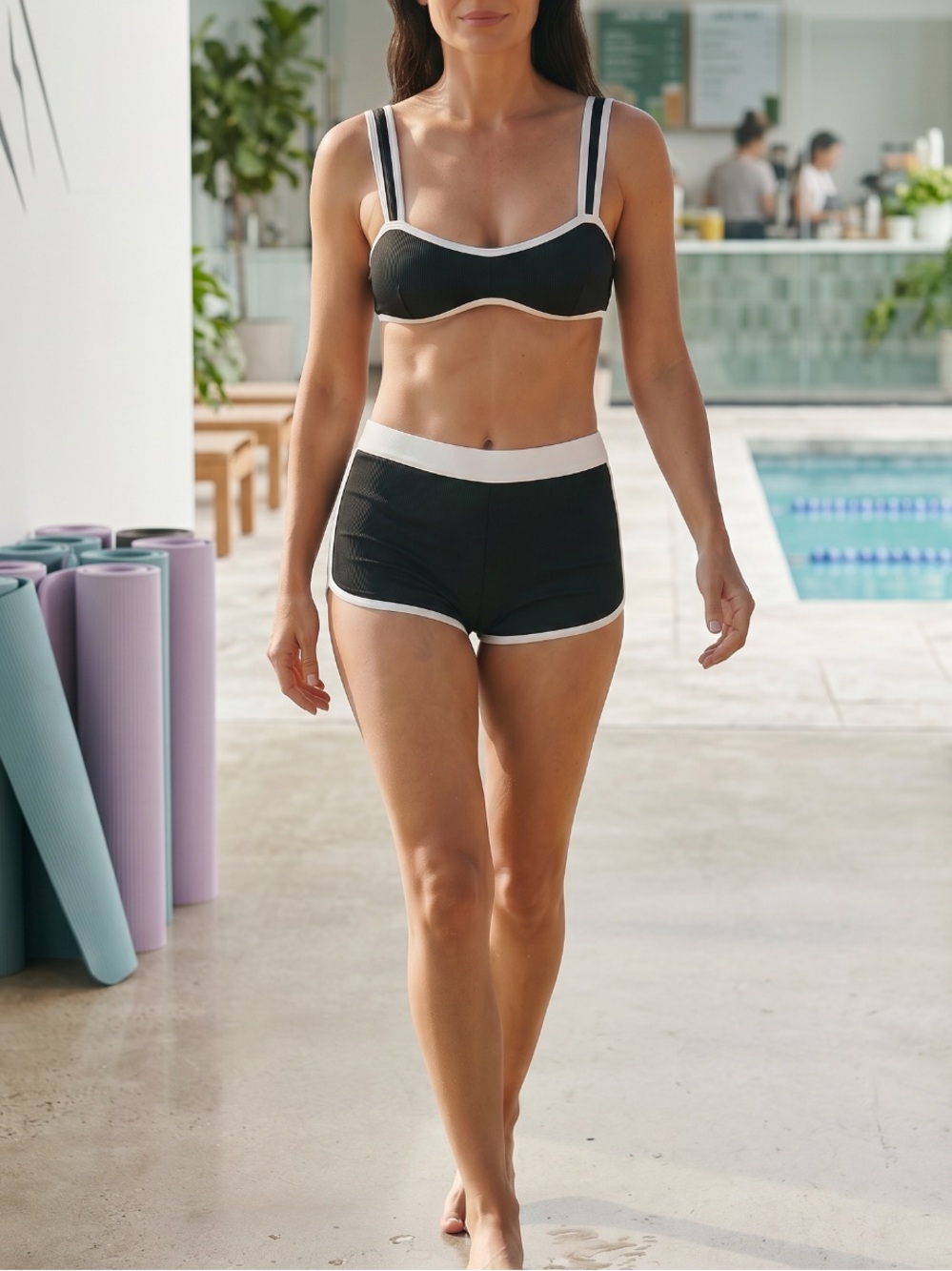 ONEONE x Free People Alma Top & Leana Boy Shorts Med Black Ribbed 2-Pc Surf Set
